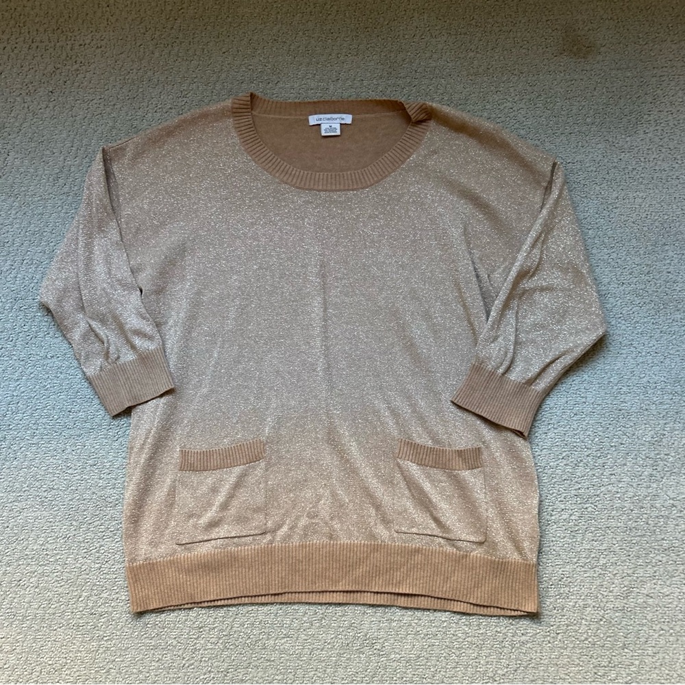 Vintage Liz Claiborne Womens Knit Sweater Gold Sparkly Pockets Size Medium